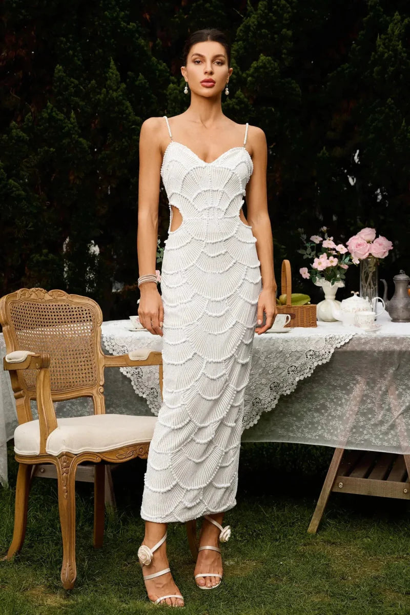 Pearl-Embellished Cut-Out Midi Dress in White