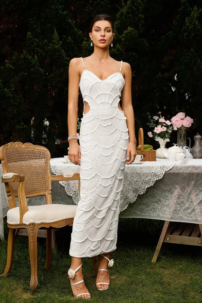 Pearl-Embellished Cut-Out Midi Dress in White