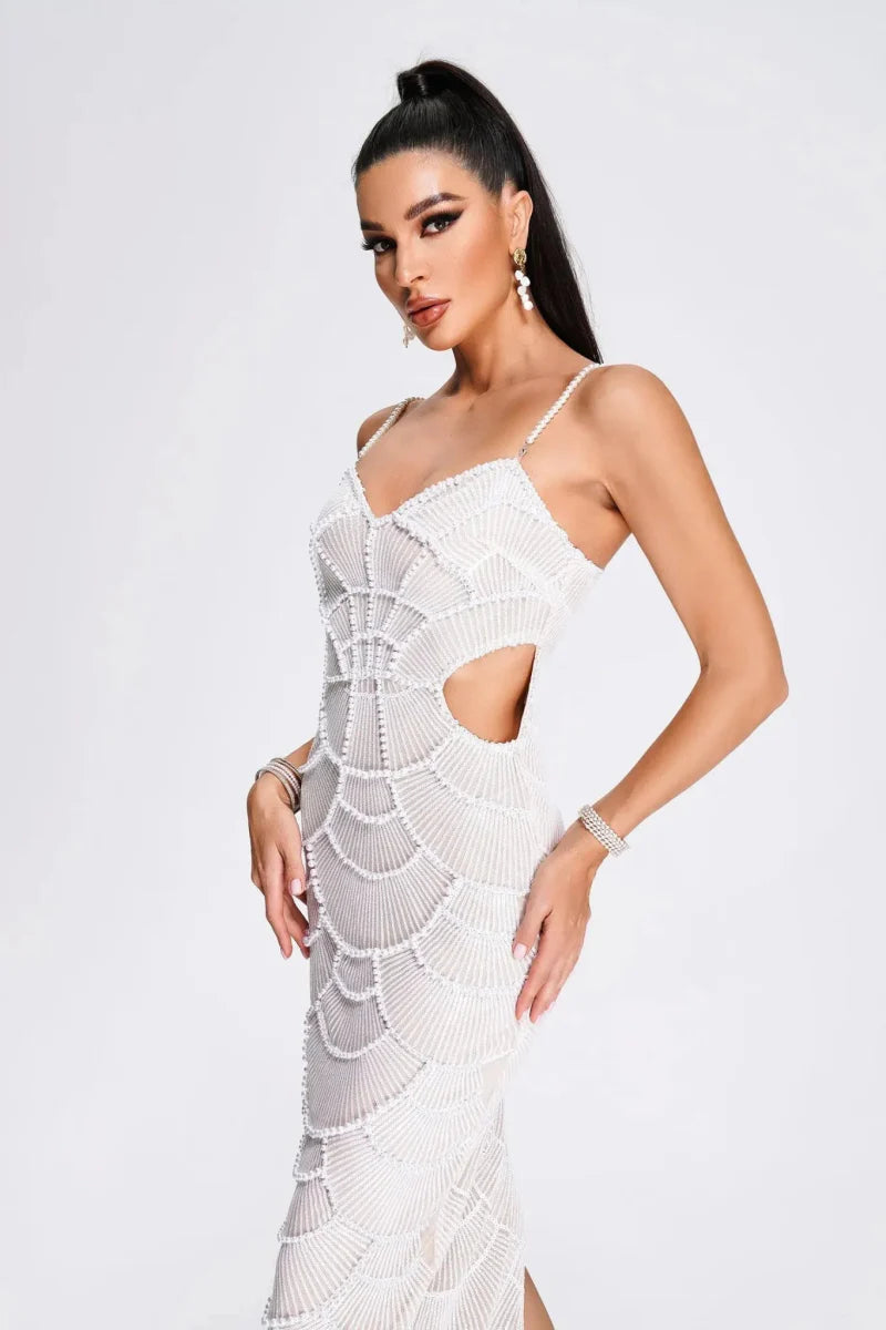Pearl-Embellished Cut-Out Midi Dress in White