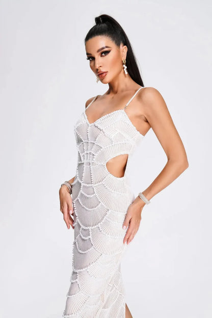 Pearl-Embellished Cut-Out Midi Dress in White