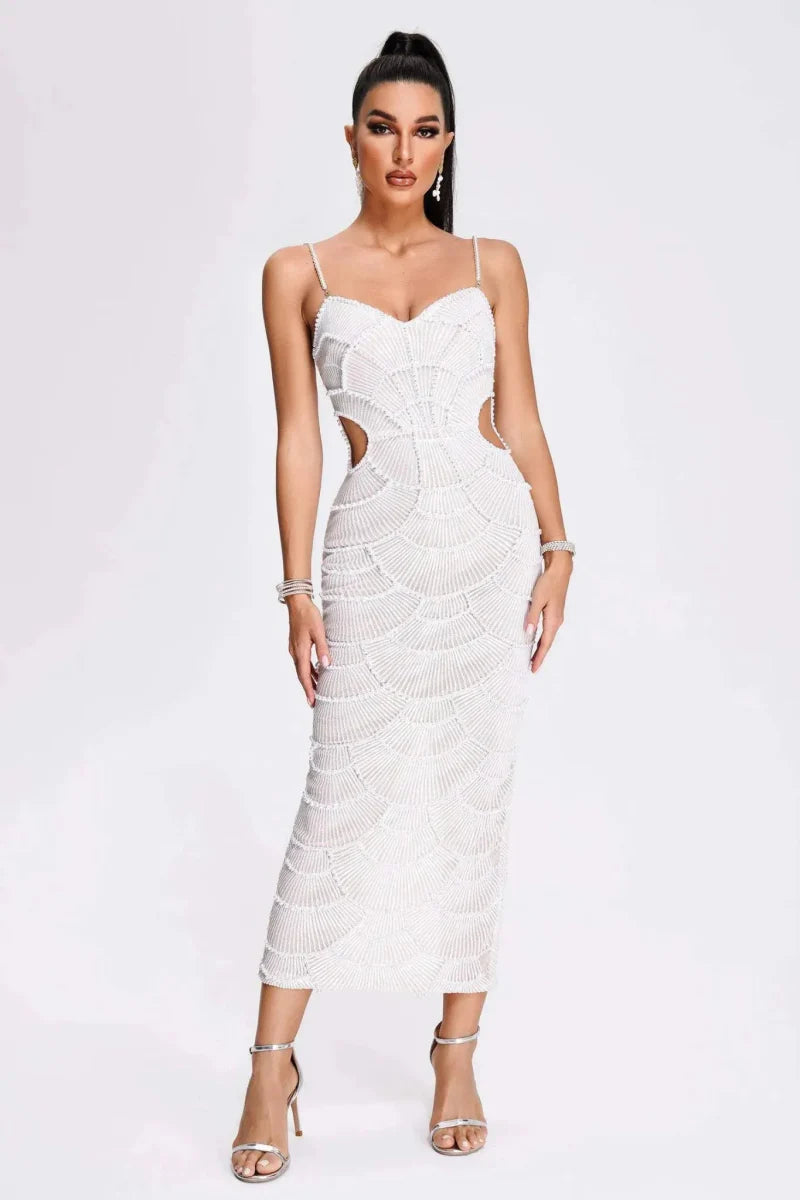 Pearl-Embellished Cut-Out Midi Dress in White