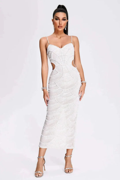Pearl-Embellished Cut-Out Midi Dress in White