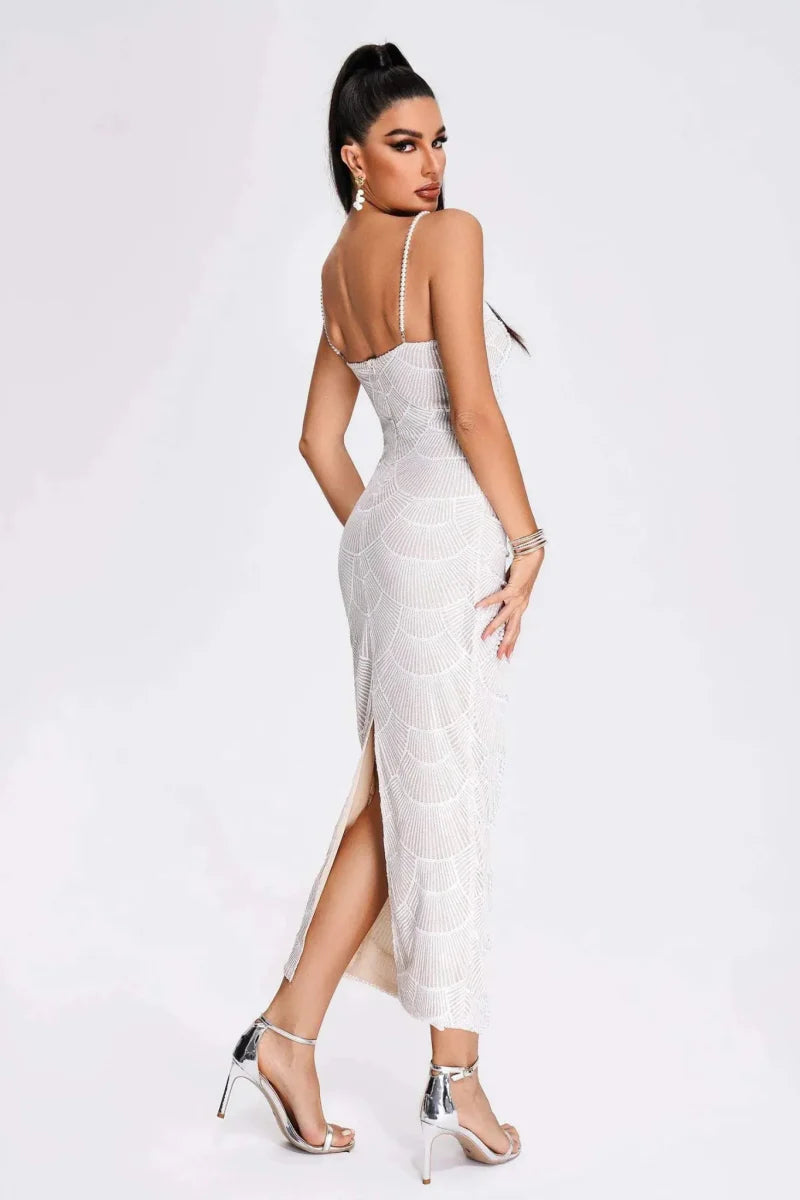 Pearl-Embellished Cut-Out Midi Dress in White