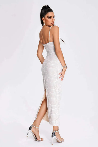 Pearl-Embellished Cut-Out Midi Dress in White