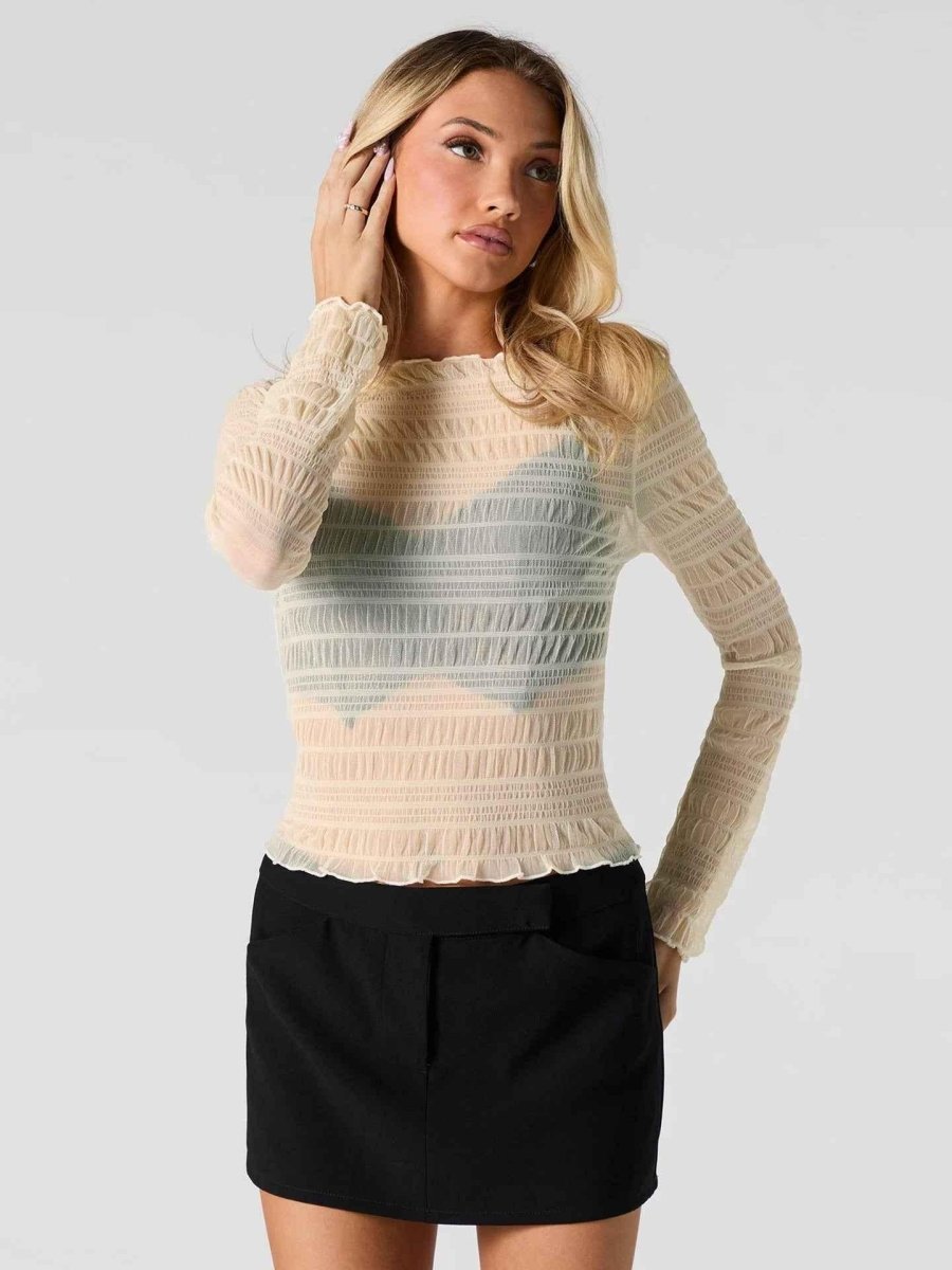 Sheer Long Sleeve Top with Soft Ruffle Texture Styling