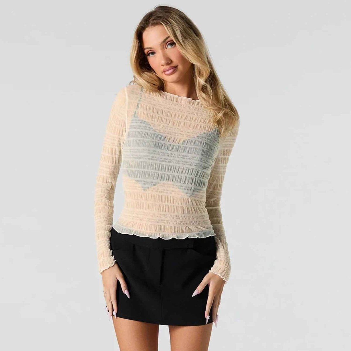 Sheer Long Sleeve Top with Soft Ruffle Texture Styling