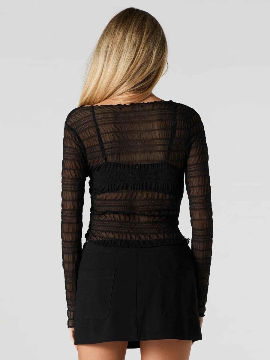 Sheer Long Sleeve Top with Soft Ruffle Texture Styling