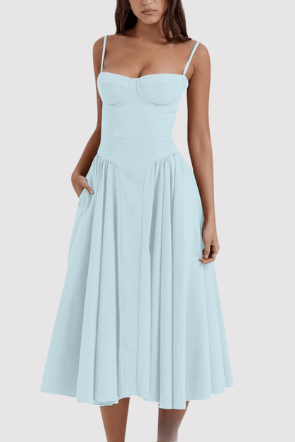 Midi dress with corset top, spaghetti straps, and flared skirt