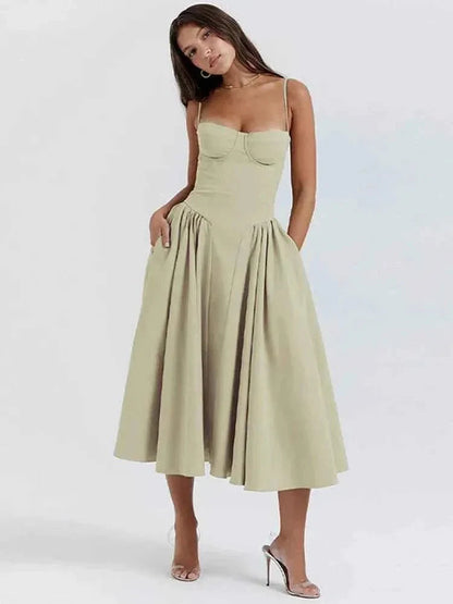 Midi dress with corset top, spaghetti straps, and flared skirt