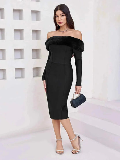 Elegant off-shoulder sheath dress with faux fur trim