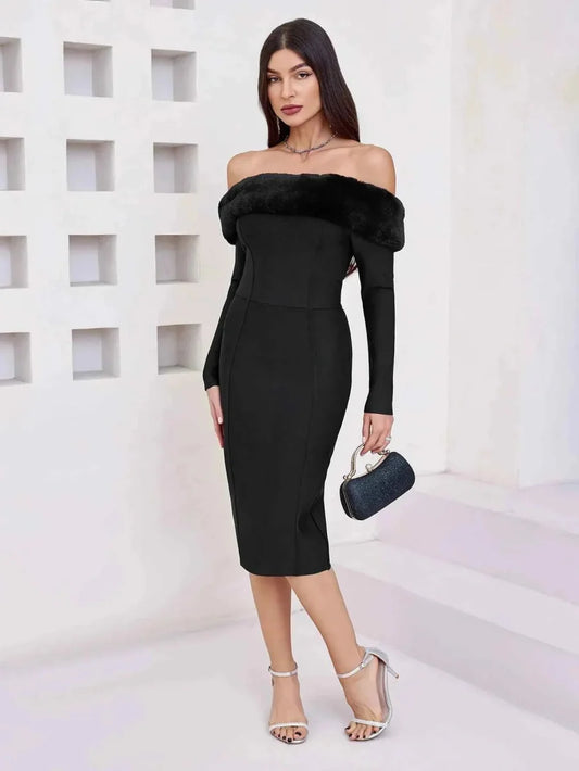 Elegant off-shoulder sheath dress with faux fur trim