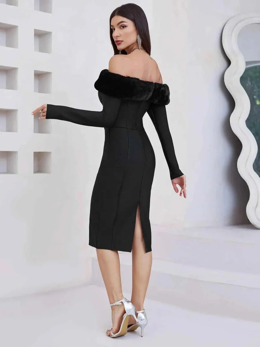 Elegant off-shoulder sheath dress with faux fur trim
