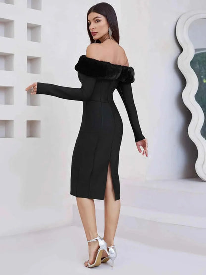 Elegant off-shoulder sheath dress with faux fur trim