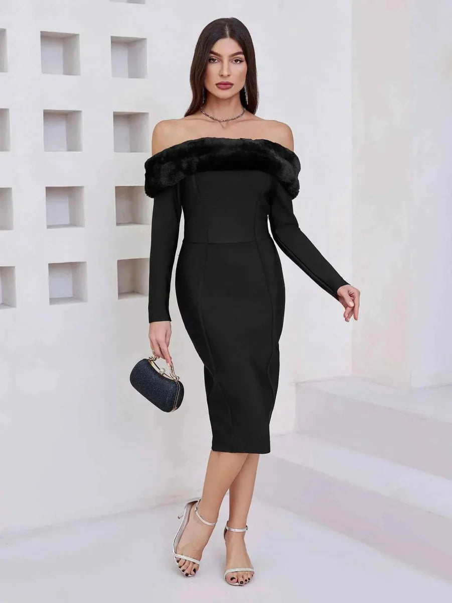 Elegant off-shoulder sheath dress with faux fur trim