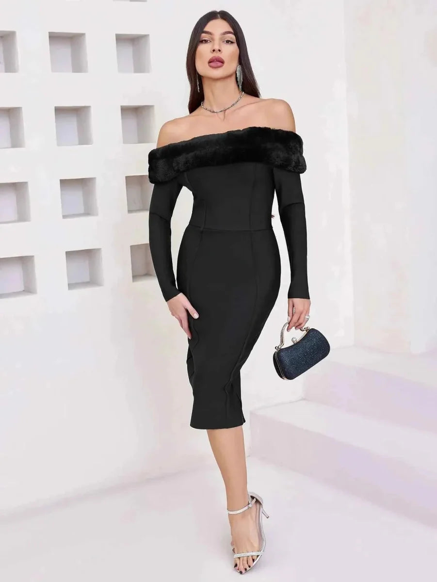 Elegant off-shoulder sheath dress with faux fur trim