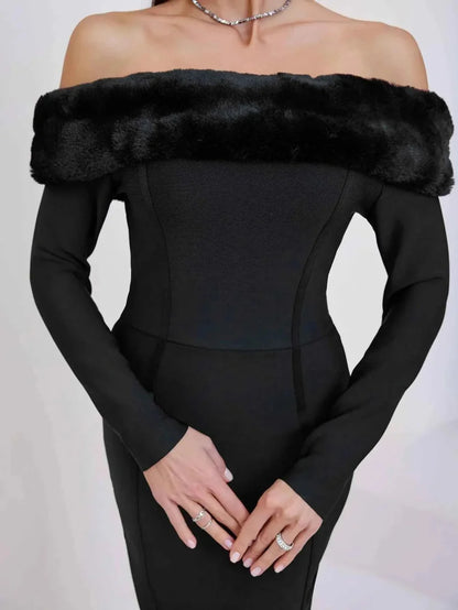 Elegant off-shoulder sheath dress with faux fur trim