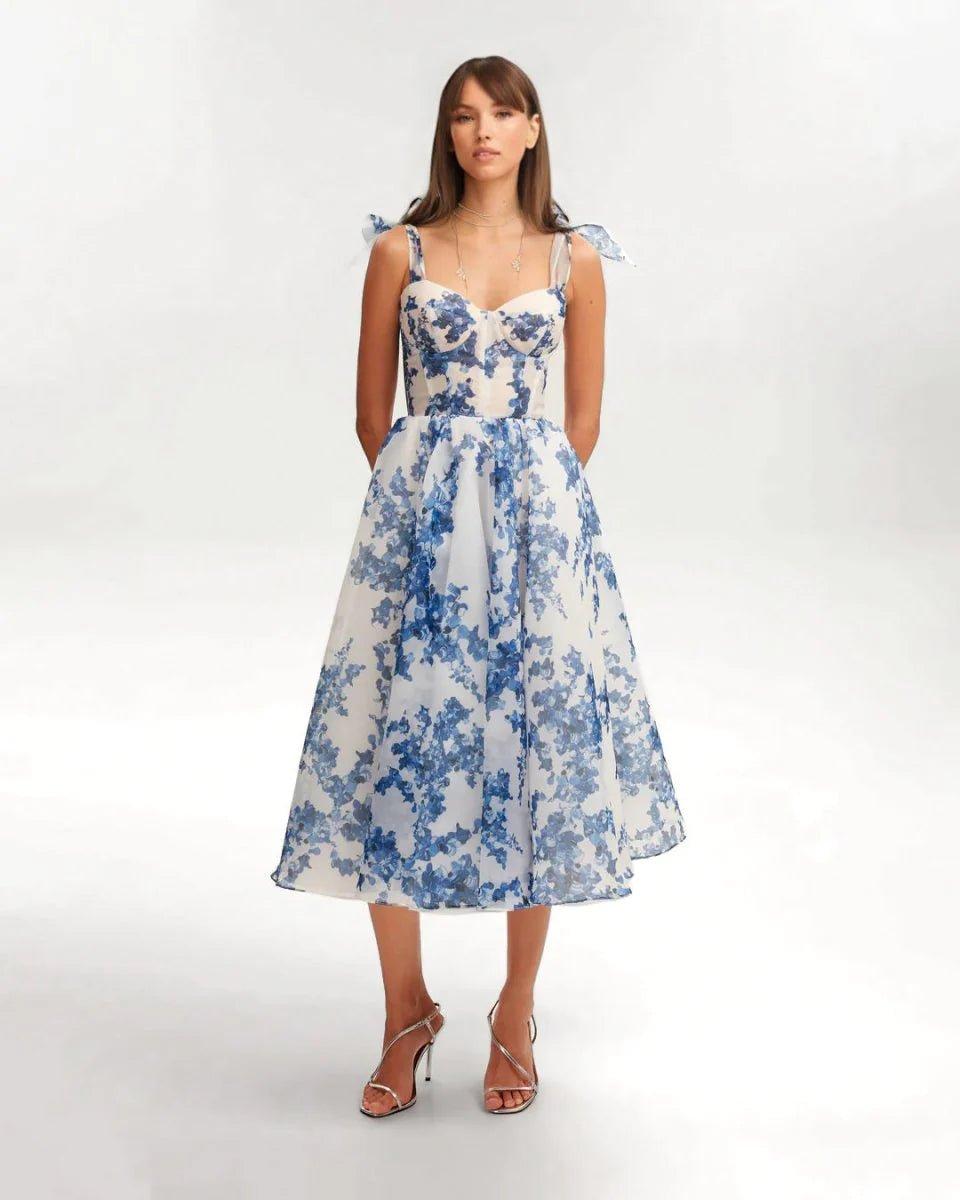 Romantic Midi Dress with Floral Embroidery and Bow Details