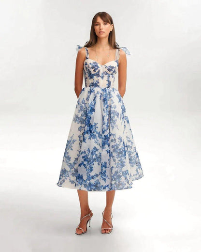 Romantic Midi Dress with Floral Embroidery and Bow Details