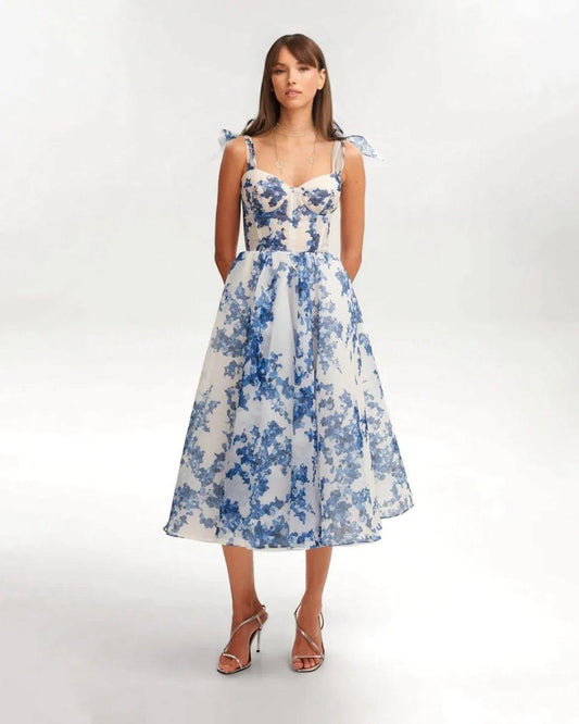 Romantic Midi Dress with Floral Embroidery and Bow Details