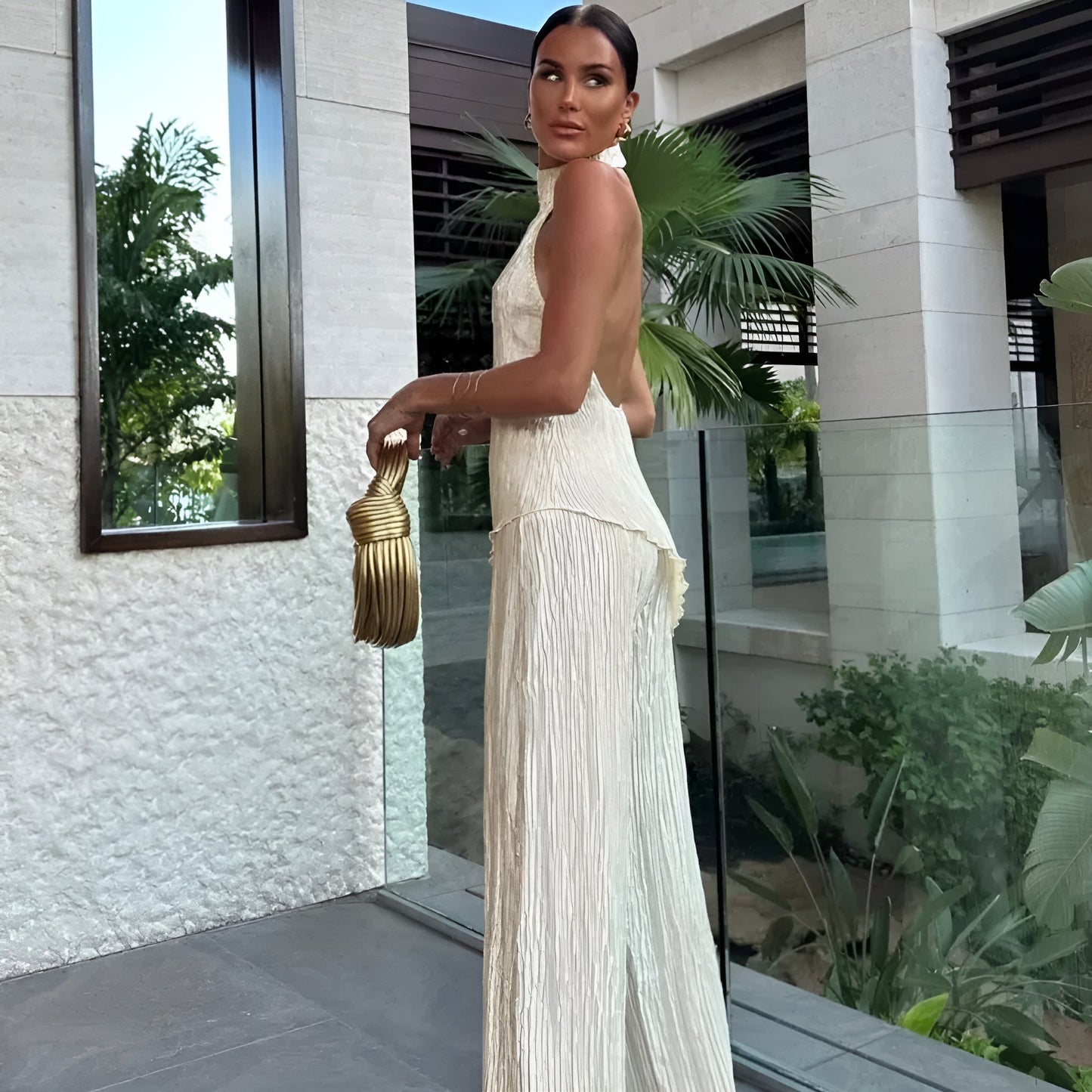 Halter Backless Plisse Jumpsuit for Elegant Summer Styling