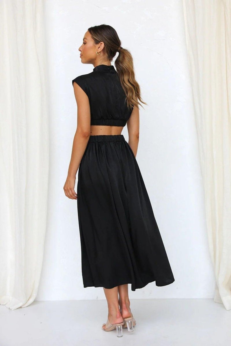 Midi Dress with Cut-Outs, Stand Collar and Elegant Waist Shaping