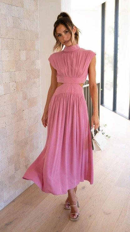 Midi Dress with Cut-Outs, Stand Collar and Elegant Waist Shaping