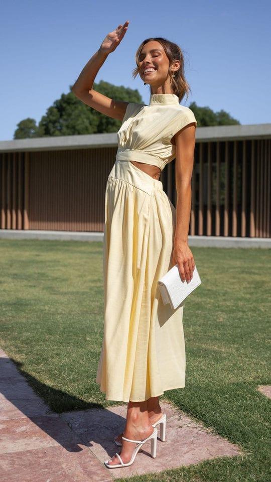 Midi Dress with Cut-Outs, Stand Collar and Elegant Waist Shaping