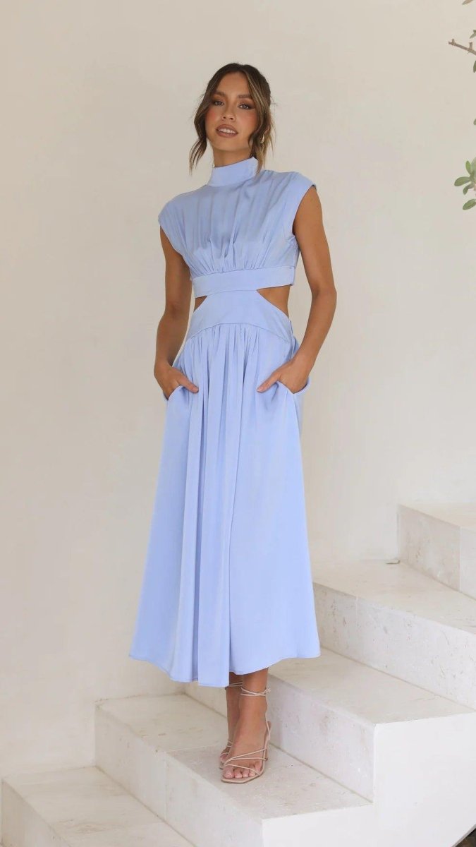 Midi Dress with Cut-Outs, Stand Collar and Elegant Waist Shaping
