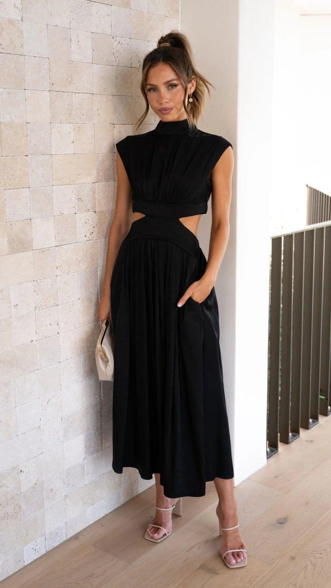 Midi Dress with Cut-Outs, Stand Collar and Elegant Waist Shaping