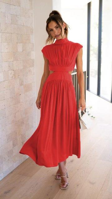 Midi Dress with Cut-Outs, Stand Collar and Elegant Waist Shaping
