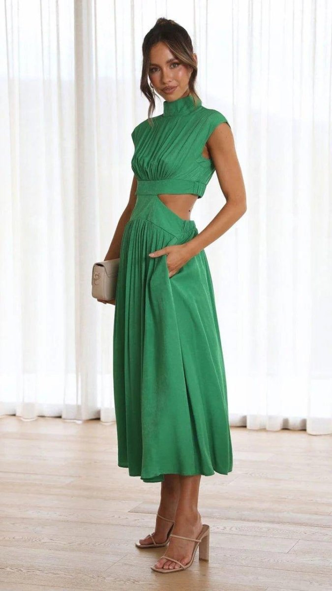 Midi Dress with Cut-Outs, Stand Collar and Elegant Waist Shaping