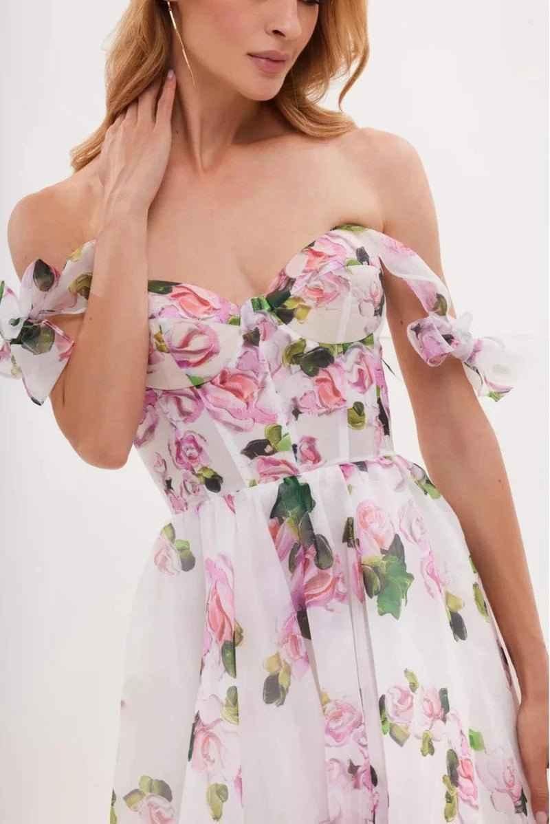 Off-Shoulder Floral Dress with Corset Detail and Voluminous Skirt