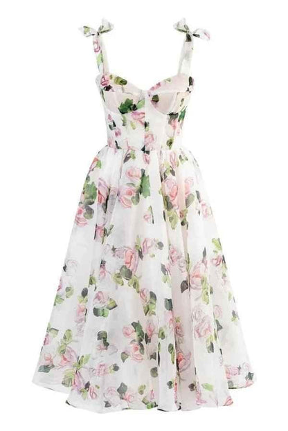 Off-Shoulder Floral Dress with Corset Detail and Voluminous Skirt