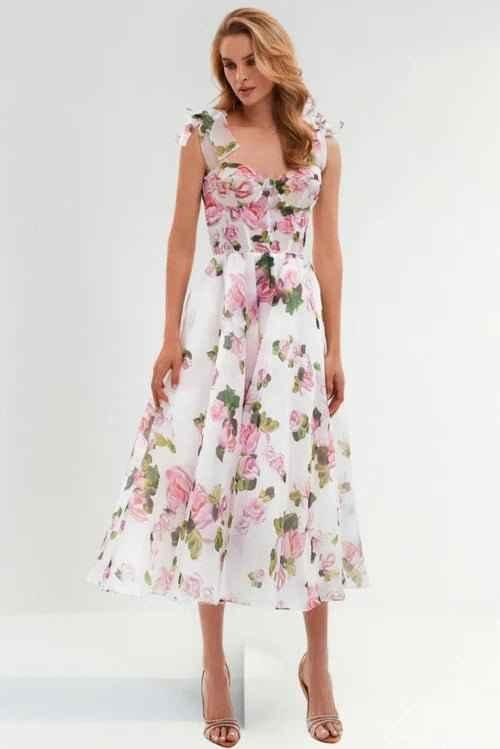 Off-Shoulder Floral Dress with Corset Detail and Voluminous Skirt