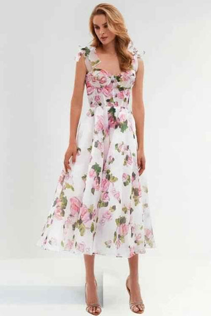 Off-Shoulder Floral Dress with Corset Detail and Voluminous Skirt