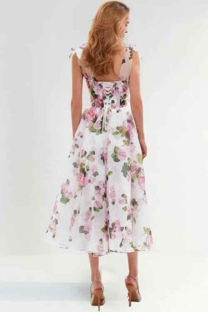 Off-Shoulder Floral Dress with Corset Detail and Voluminous Skirt