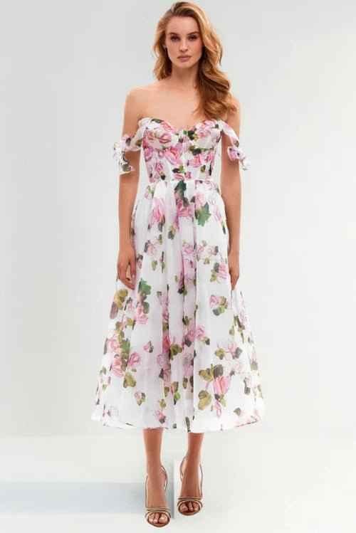 Off-Shoulder Floral Dress with Corset Detail and Voluminous Skirt