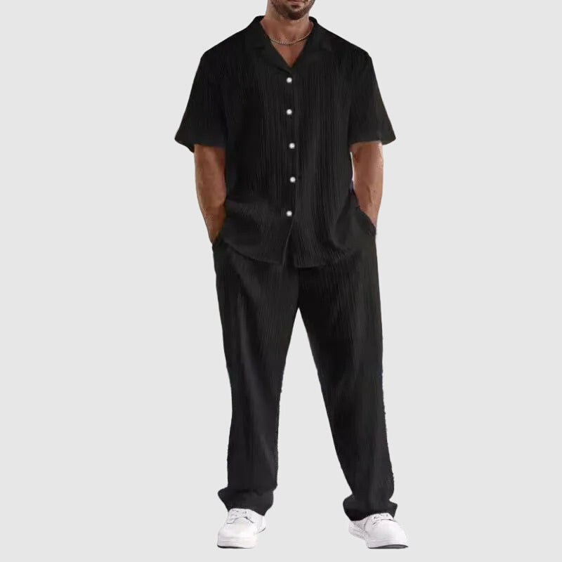 Men’s Short Sleeve Button-Up Pleated Set