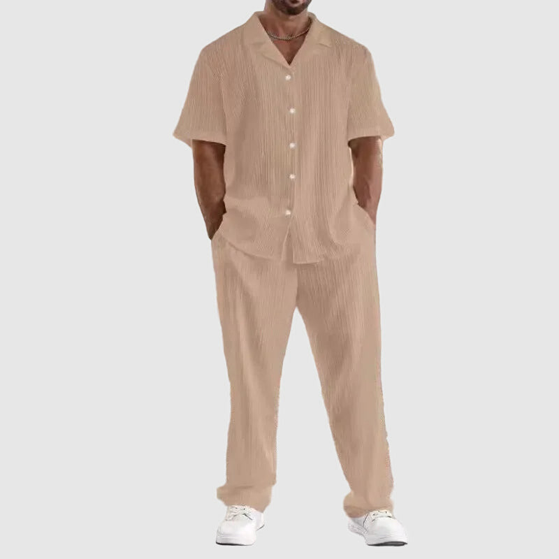 Men’s Short Sleeve Button-Up Pleated Set
