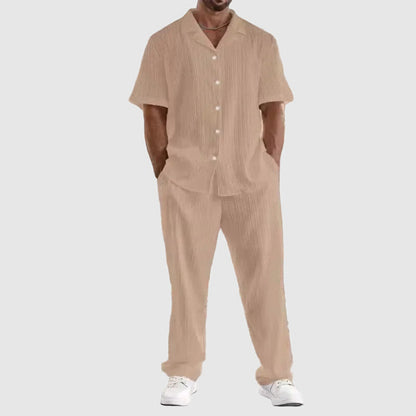 Men’s Short Sleeve Button-Up Pleated Set