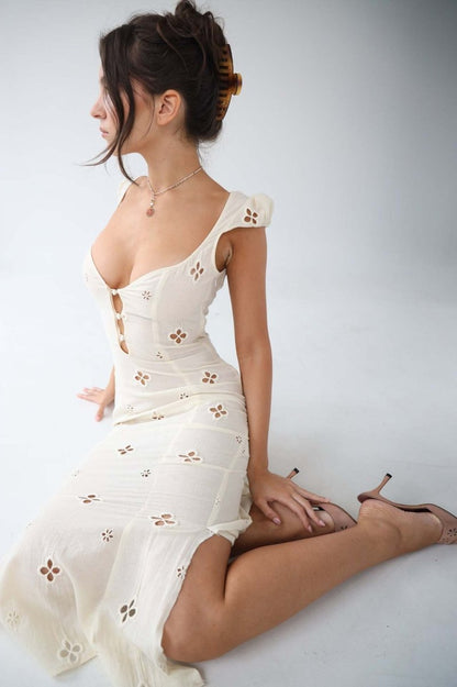 Fitted Midi Dress with Cut-Out Neckline