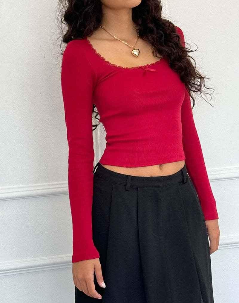 Ribbed Long Sleeve Lace Trim Top for Feminine Chic Looks