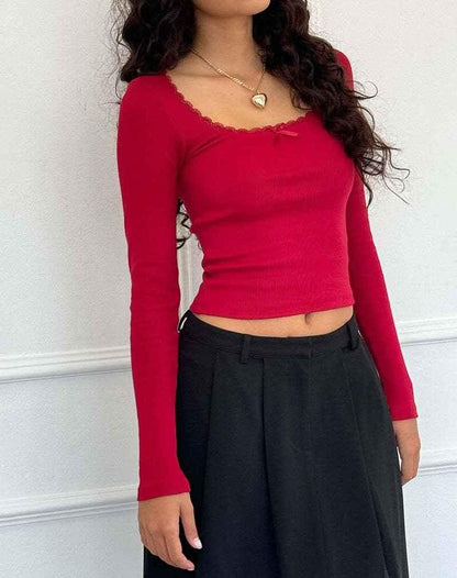 Ribbed Long Sleeve Lace Trim Top for Feminine Chic Looks