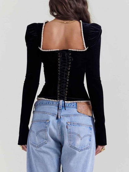 Velvet Corset Top with Lace-Up Detail and Contrast Finish