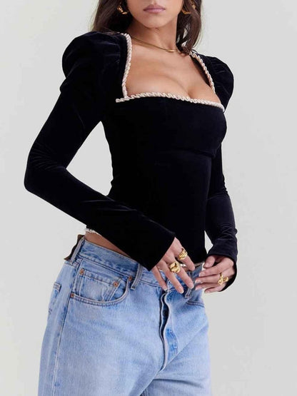 Velvet Corset Top with Lace-Up Detail and Contrast Finish