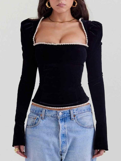Velvet Corset Top with Lace-Up Detail and Contrast Finish