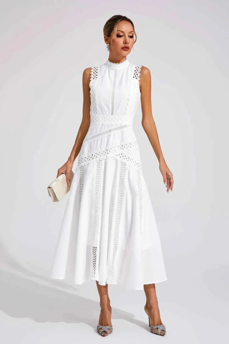 Midi dress with lace and stand-up collar