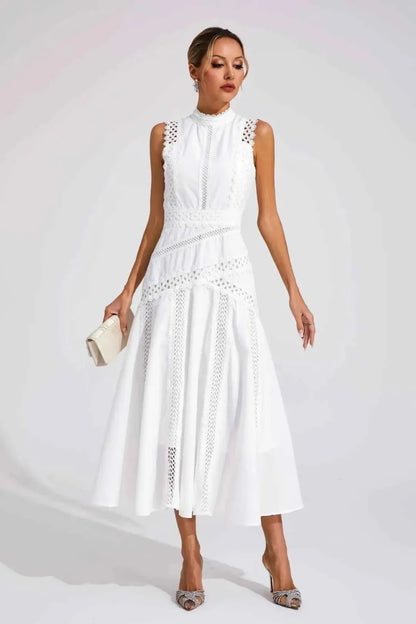 Midi dress with lace and stand-up collar