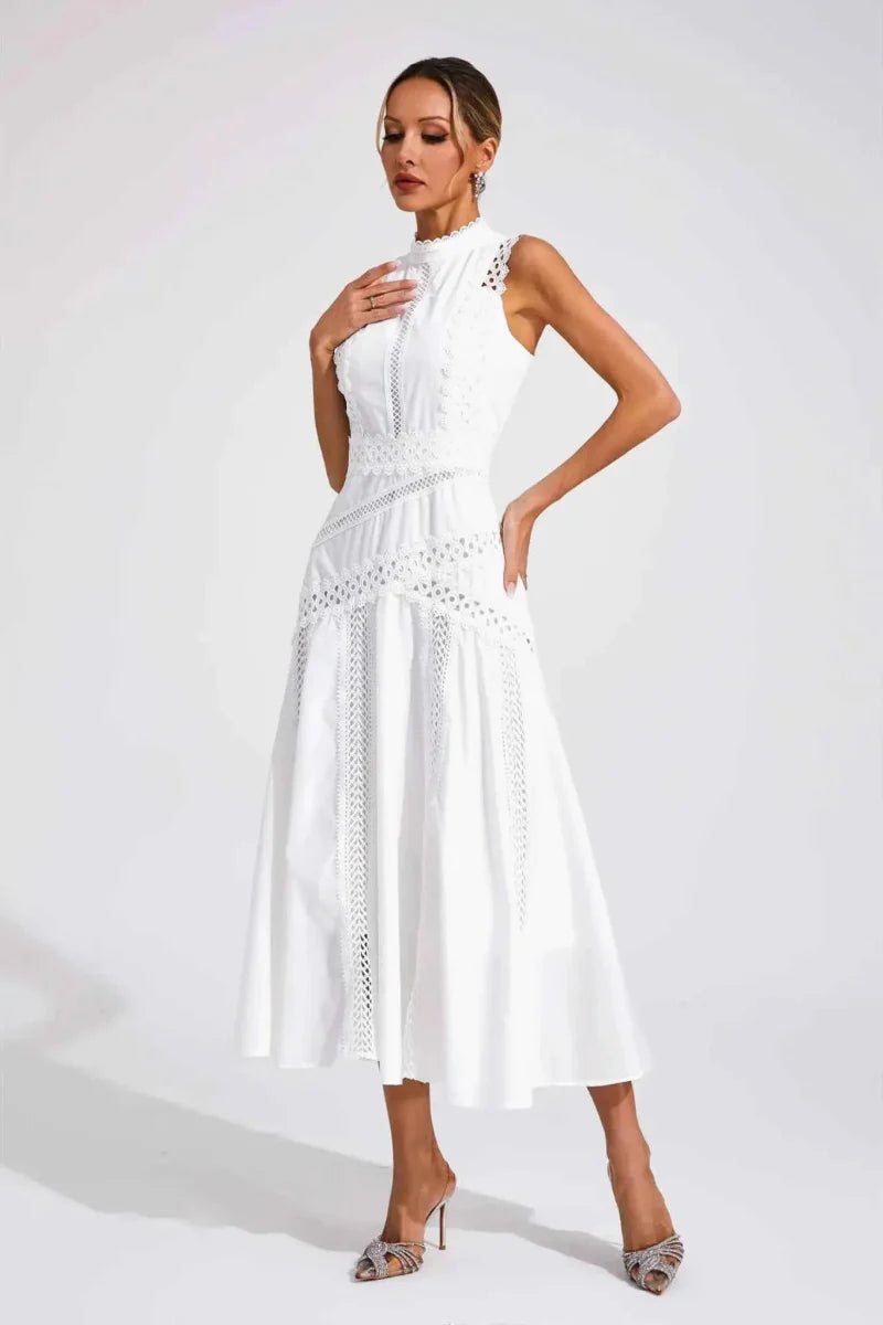 Midi dress with lace and stand-up collar