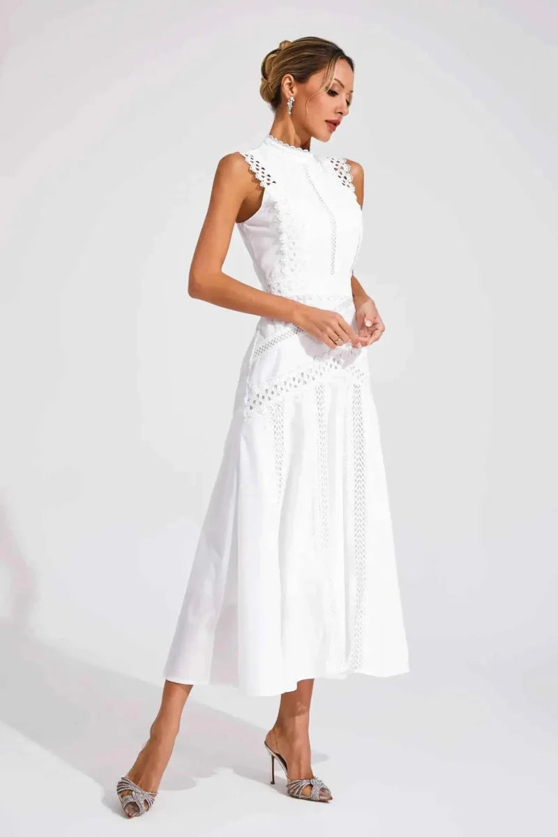 Midi dress with lace and stand-up collar